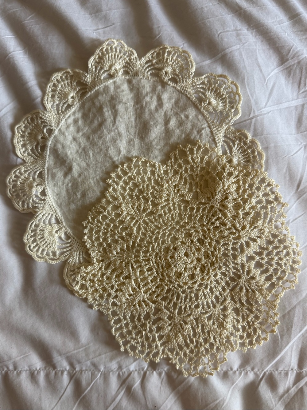 2pc Antique Handmade Cream Crochet Pure Cotton Linen Doilies